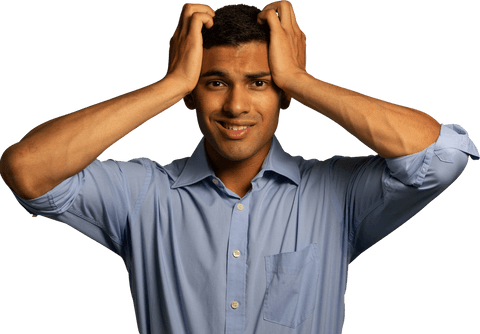 Stressed Biracial Businessman Holding Head on Transparent Background