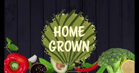 Home grown market badge featuring fresh vegetables on dark rustic wood