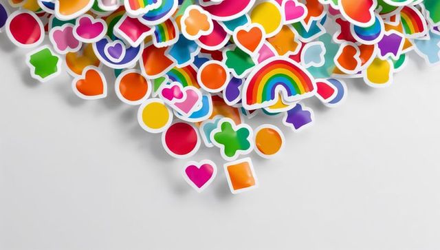 Vibrant die-cut sticker pile featuring rainbow icons, hearts, circles, playful flat-lay
