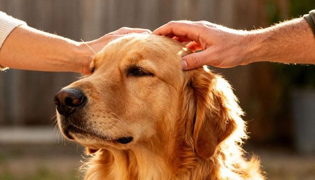 Golden Retriever Enjoying Gentle Head Petting by Owners in Warm Backyard Light