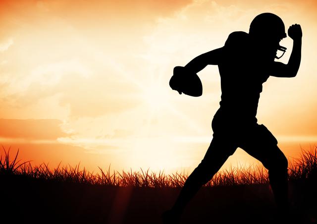 The silhouette of a rugby player running with a ball against a vibrant sunset sky suggests themes of sportsmanship, fitness, and outdoor activity. Ideal for use in sports-related advertising, motivational posters, fitness promotions, and dynamic event posters.