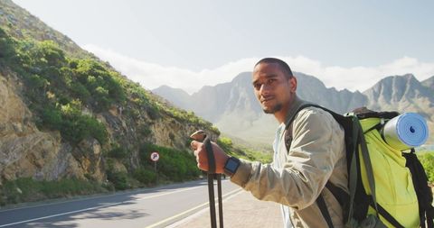 Hiking Adventure of Disabled Man with Prosthetic Leg in Mountains