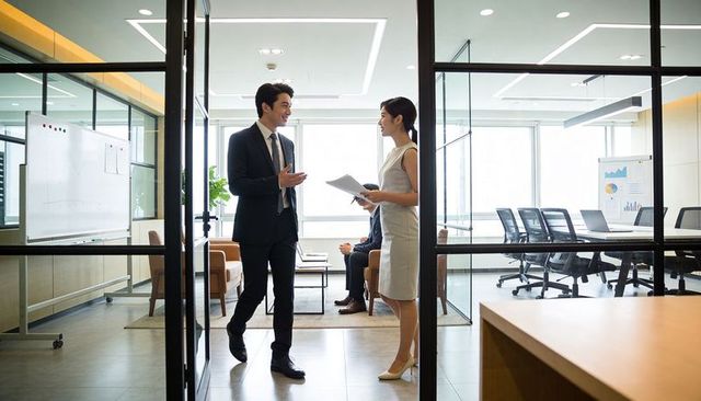 Business professionals discussing strategy in glass office collaborating and presenting
