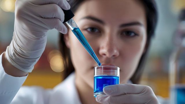 Asian scientist dispensing blue solution with dropper over beaker in laboratory closeup