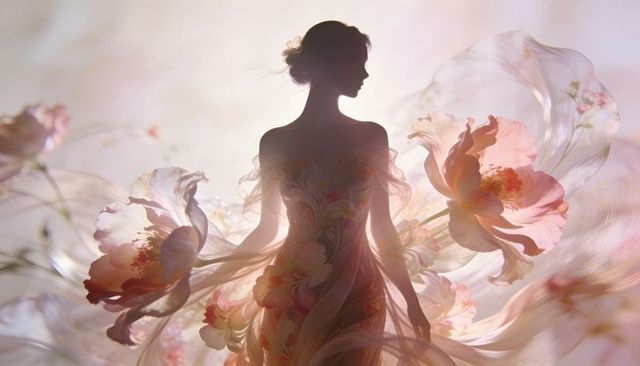 Ethereal floral silhouette wearing flowing petal gown with peony motifs, pastel light