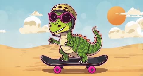 Playful Dinosaur Skating Adventure in Sunny Desert