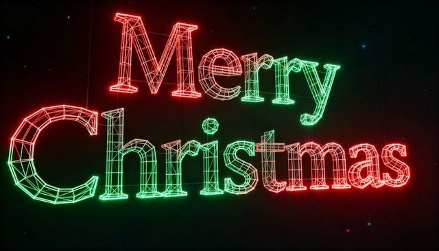 Glowing Wireframe Merry Christmas Neon Sign Emitting Red and Green Halo