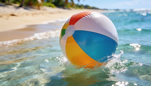 Colorful inflatable beach ball floating on clear tropical water with sunlit droplets by shoreline