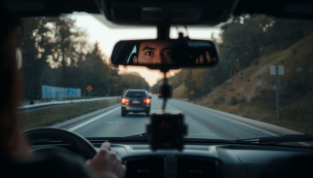 Driver checking rearview mirror on two-lane road at dusk with dashcam on dashboard display