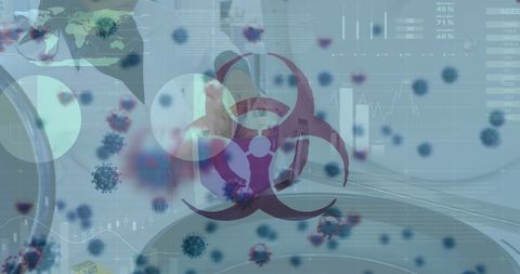 Biohazard Symbol and COVID-19 Cells Overlay on Medical Data
