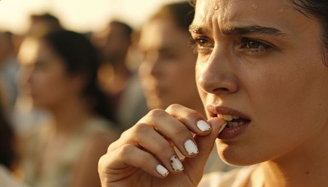 Young woman biting nails in tense crowd at golden hour, sweating and anxious expression
