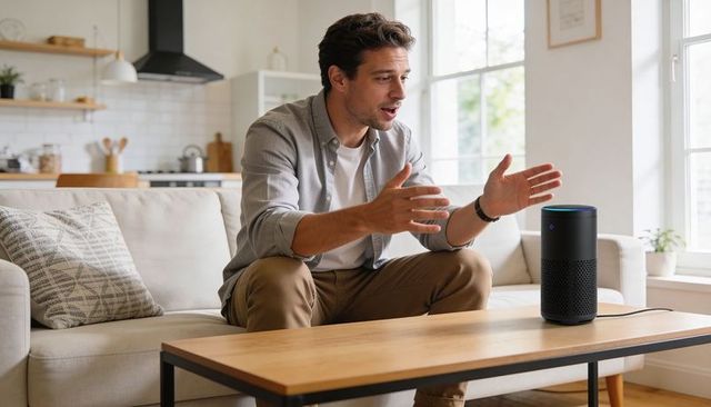 Man conversing with smart speaker in minimalist living room using voice assistant