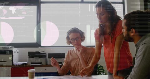 Financial Team Analyzing Data with Digital Overlay in Office