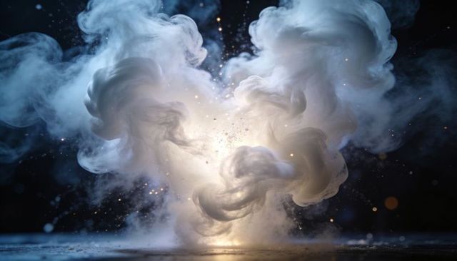Backlit smoke explosion with glowing sparks, soft vapor plumes and wet floor reflection