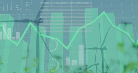 Wind Turbine Overlapping Financial Charts, Symbolizing Green Energy Business Growth
