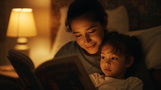 Mother and daughter reading bedtime story in warm lamp light, sharing comfort and bonding
