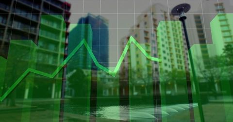 Translucent green financial chart overlaying urban skyline showing growth and data trends