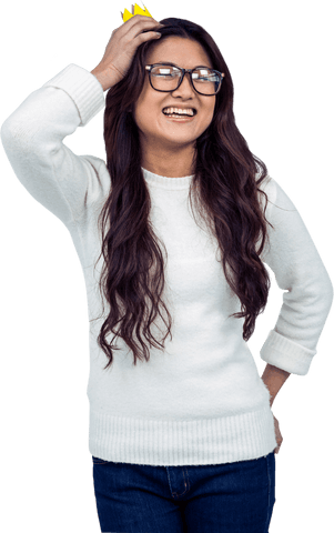 Asian Woman Smiling with Paper Crown Transparent Background