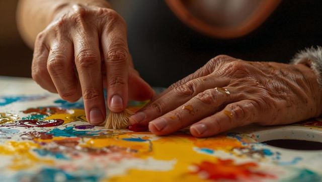 Elderly hands dabbing small brush across colorful palette creating glossy textured abstract painting