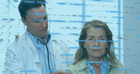 Doctor Examining Senior Patient Amid Overlaid Financial Graphs