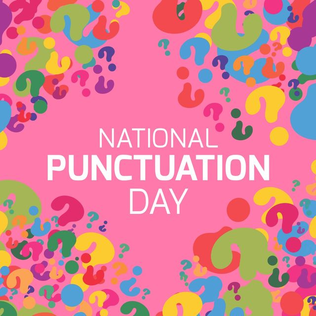 National punctuation day text banner over multiple colorful question mark icons on pink background. National punctuation day awareness concept