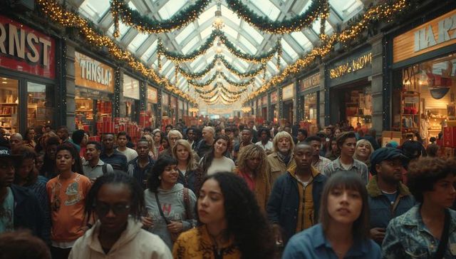 Holiday Shoppers Strolling Through Festive Shopping Corridor