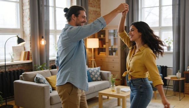 Young couple dancing in cozy sunlit apartment living room sharing joyful moment