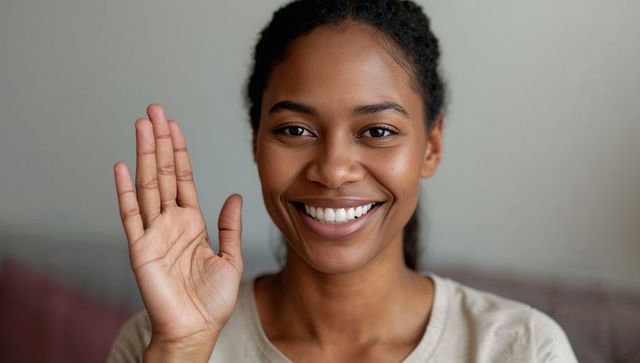 Smiling woman waving hand, greeting online meeting at home, friendly welcoming closeup
