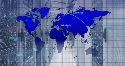 Global Data Network with World Map and Server Racks