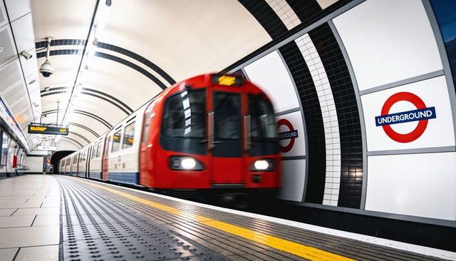 Red london tube train entering station with motion blur, tactile platform dots and roundel