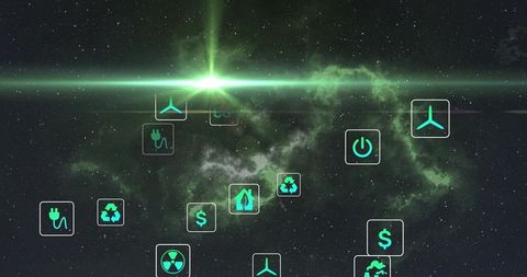 Green stellar flare sending lens streak across nebula with floating eco tech hologram icons