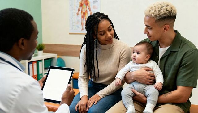 Young couple receiving pediatric consultation while holding infant in clinic