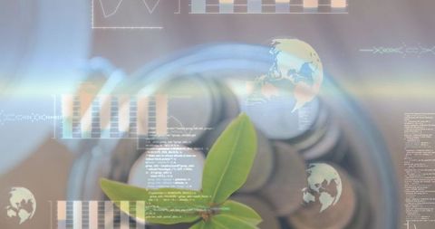 Seedling growing from coin jar with financial charts and data overlays for green investment