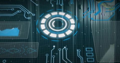 Holographic circular hud over data center racks with futuristic circuit interface