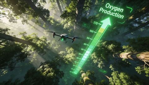 Hovering drone monitoring forest canopy with ar oxygen production gauge
