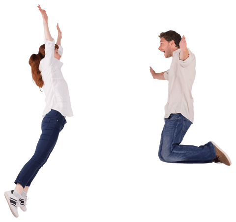 Transparent joyful couple jumping enthusiastically together