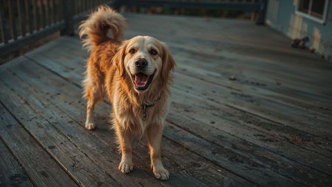 Golden retriever barking dog standing on wooden deck at sunset