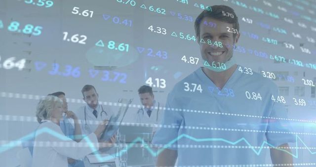 Smiling male doctor with financial graph data overlay in hospital