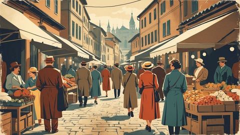 Historical market street with shoppers and vendors in vintage style