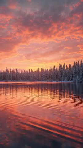 Sun nearing horizon glowing over snow-dusted pine forest reflecting on calm lake vertical video