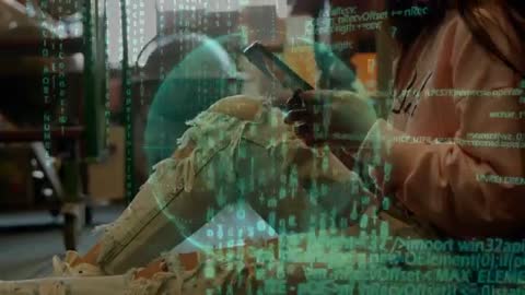 Woman sitting on floor tapping phone projecting hologram teal data sphere streaming code