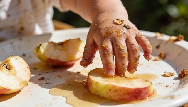 Toddler pressing sticky hand into apple slice on sunlit outdoor tray