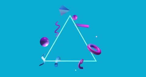 Abstract geometric shapes with bright neon triangle on blue screen