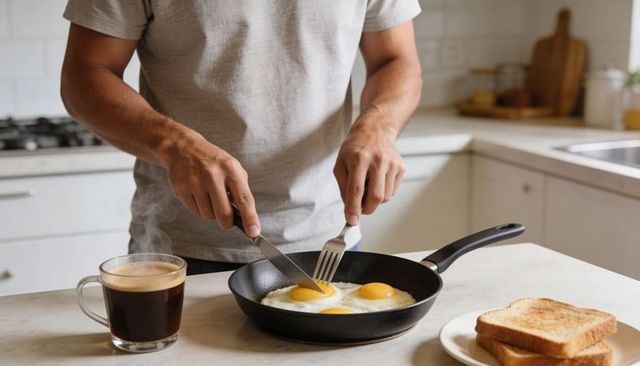 Man cooking sunny-side eggs in nonstick pan with coffee and toast on kitchen counter