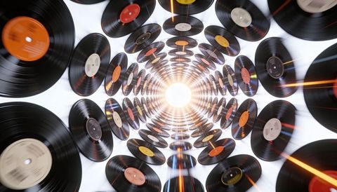 Spiraling vinyl tunnel of glossy records with retro labels, lens flares and motion blur