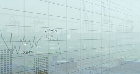 Translucent financial chart overlaying misty cargo port showing market trends and shipping activity