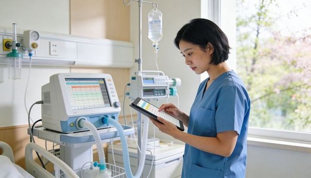 Nurse reviewing tablet while monitoring ventilator and iv pump in hospital intensive care