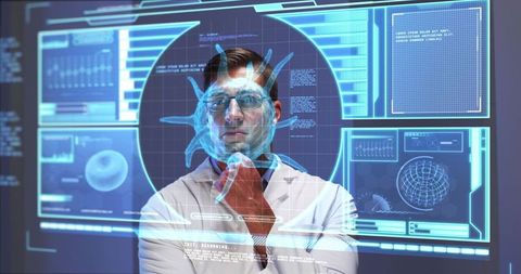 Scientist analyzing coronavirus on futuristic digital screen