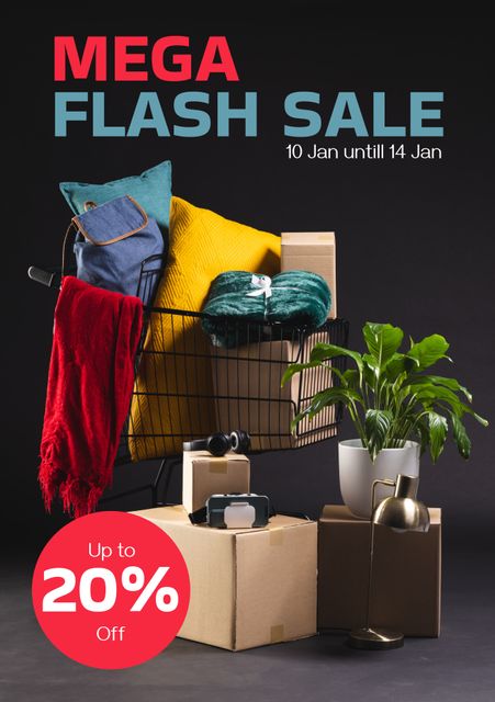 Homegoods in a shopping cart promoting a flash sale. Effective for retail promotions, ecommerce sites, social media ads, and print marketing targeting discount seekers.