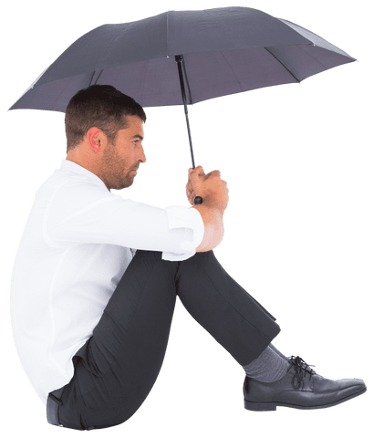 Transparent businessman sitting with black umbrella